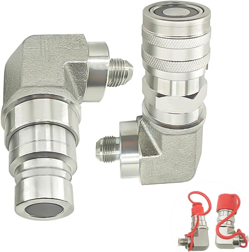 LOSTAR 90 Degree Flat Face Hydraulic Quick Connect Coupler Set for Skid Steer, Heavy-Duty Carbon Steel Fittings with Elbow 3/8" JIC Male Thread and Dust Cap - Image 1